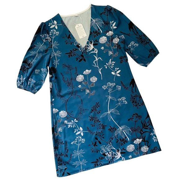 Floral V-Neck Mini Dress Sz Medium with Puff Sleeves Eco-Friendly Blue Botanical - Picture 9 of 10
